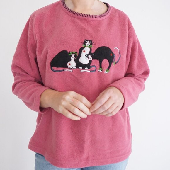 Vintage Jenny Buchanan Rosy Fleece Cat Embroidered Sweater Pink Grandmacore M - Picture 2 of 11